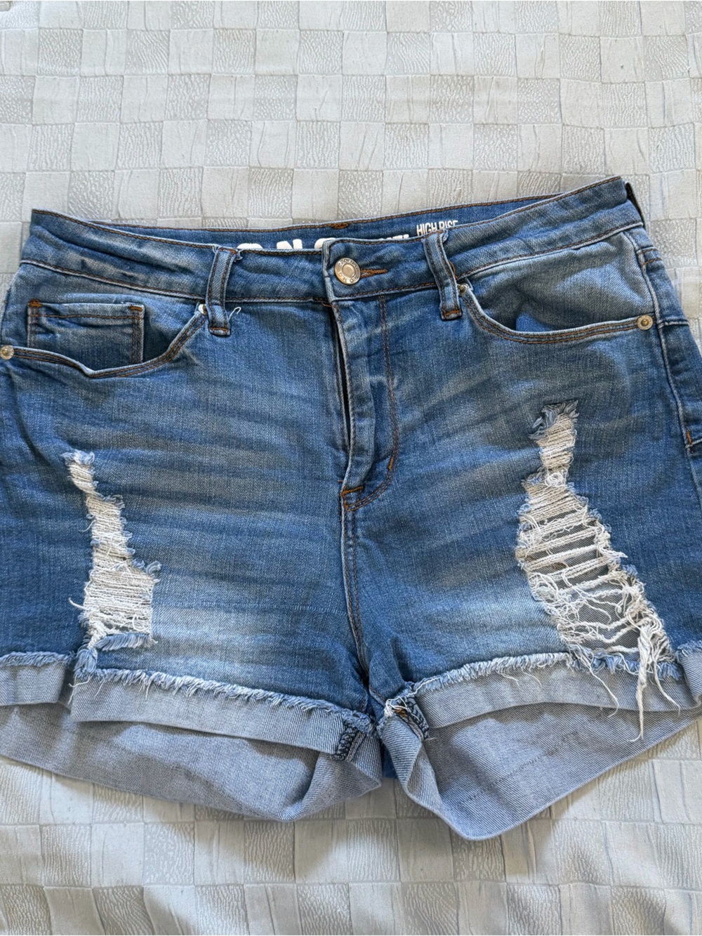 High-Rise Distressed Roll-Cuff Jean Shorts - Blue